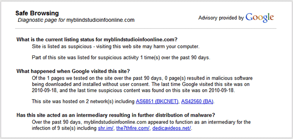 myblindstudioinfoonline blacklisted by Google